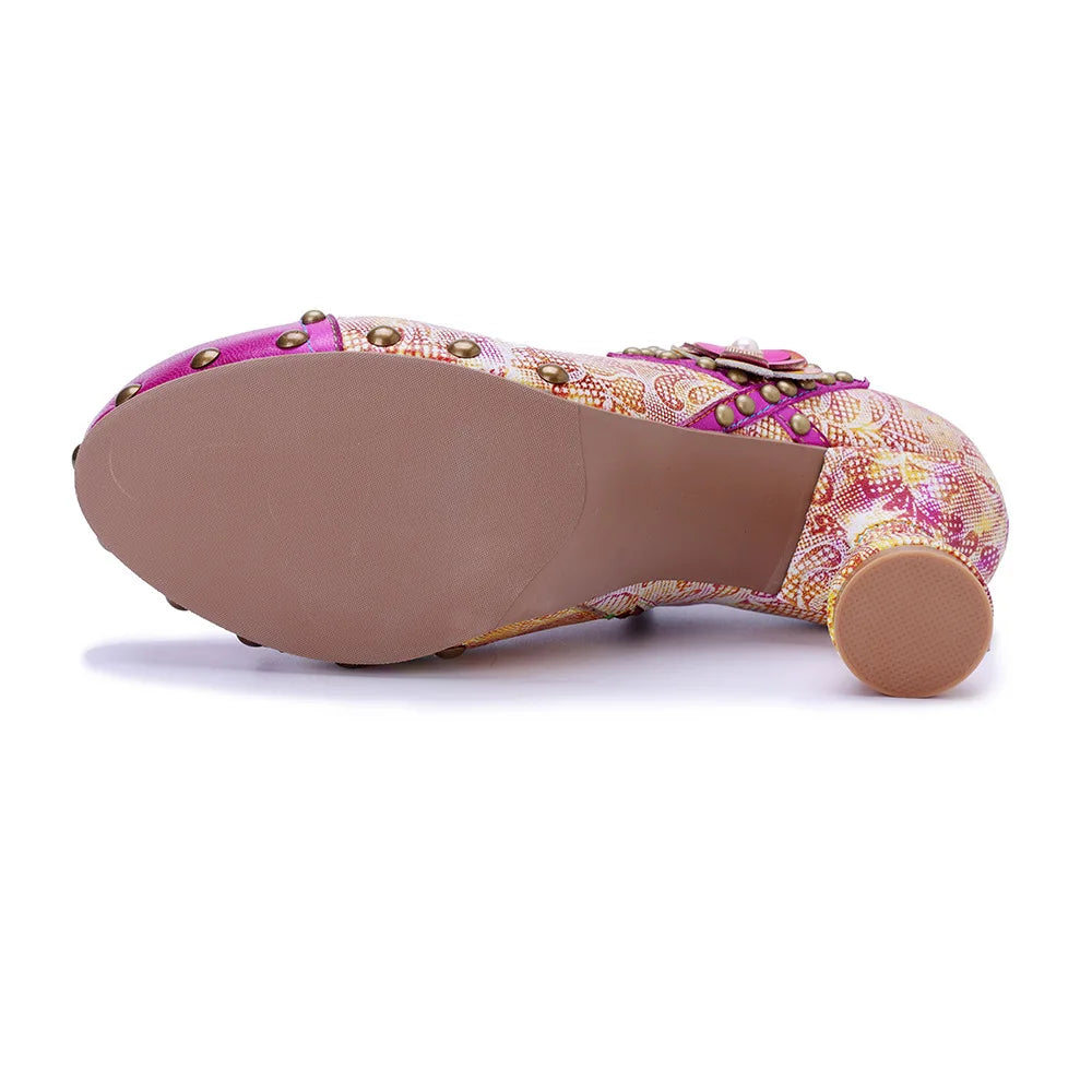 Pink Leather Block Heels Handmade Retro Glam | Mint Crush