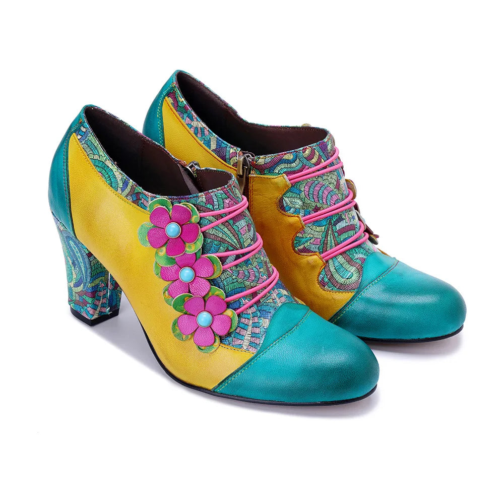Colorful Flower Leather Heels – Boho Retro | Mint Crush
