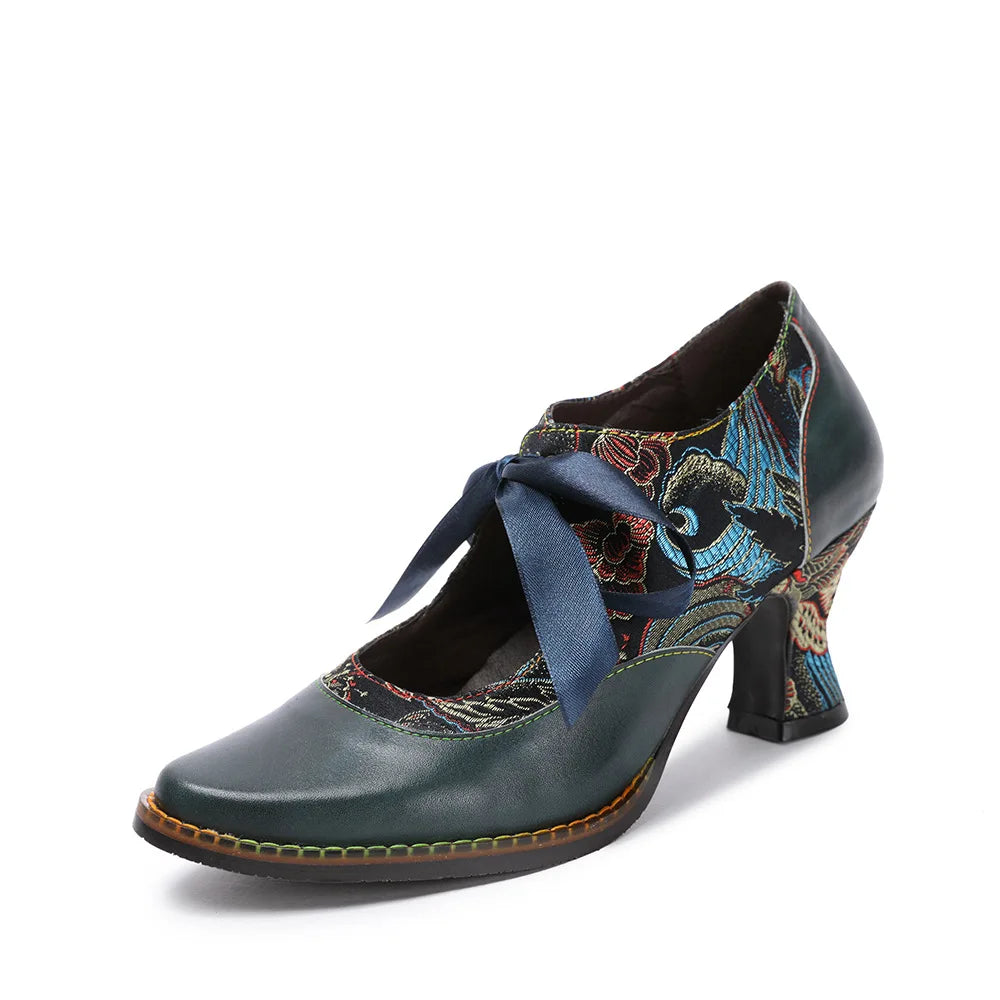 Leather T‑Strap Heels – Boho Retro Elegance | Mint Crush