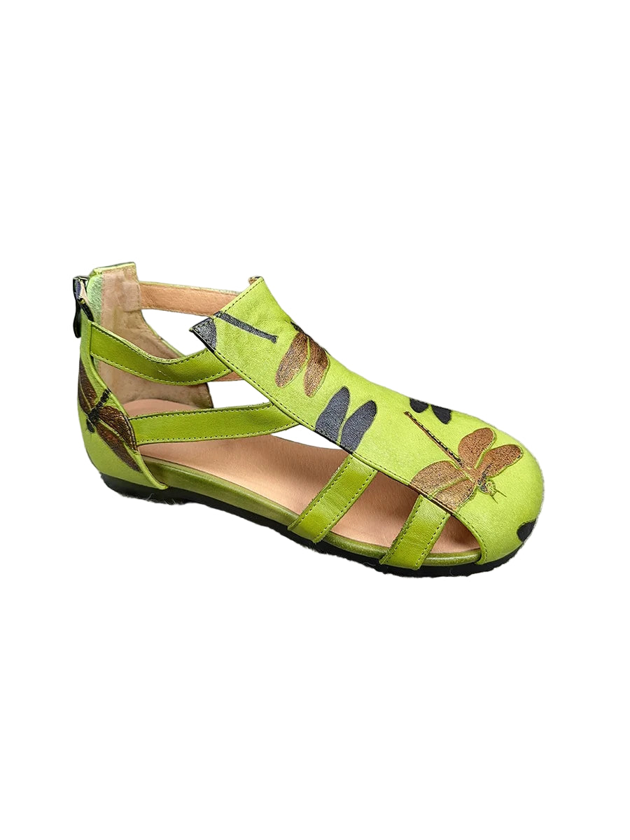 Retro Dragonfly Leather Sandals – Handmade Flats