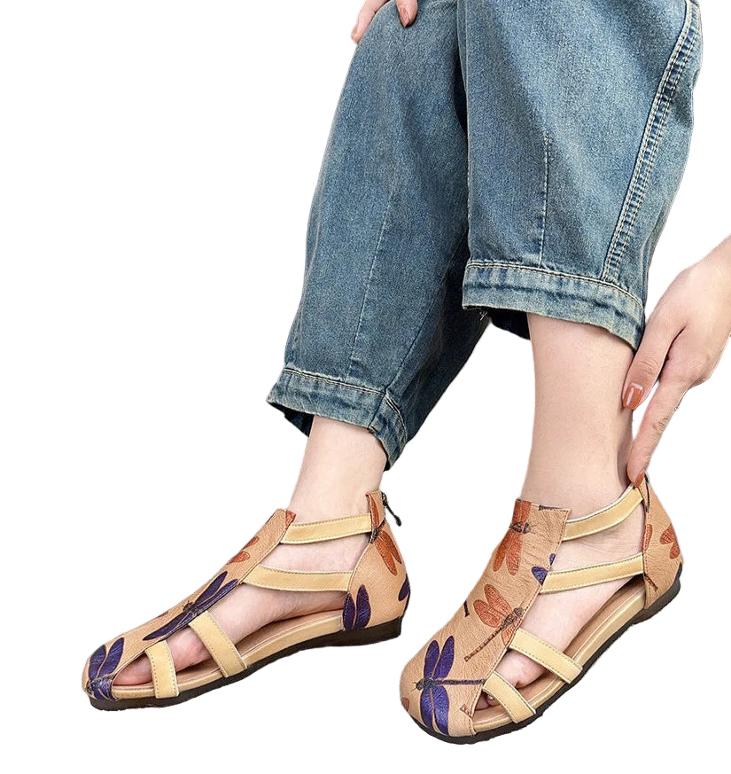 Retro Dragonfly Leather Sandals – Handmade Flats