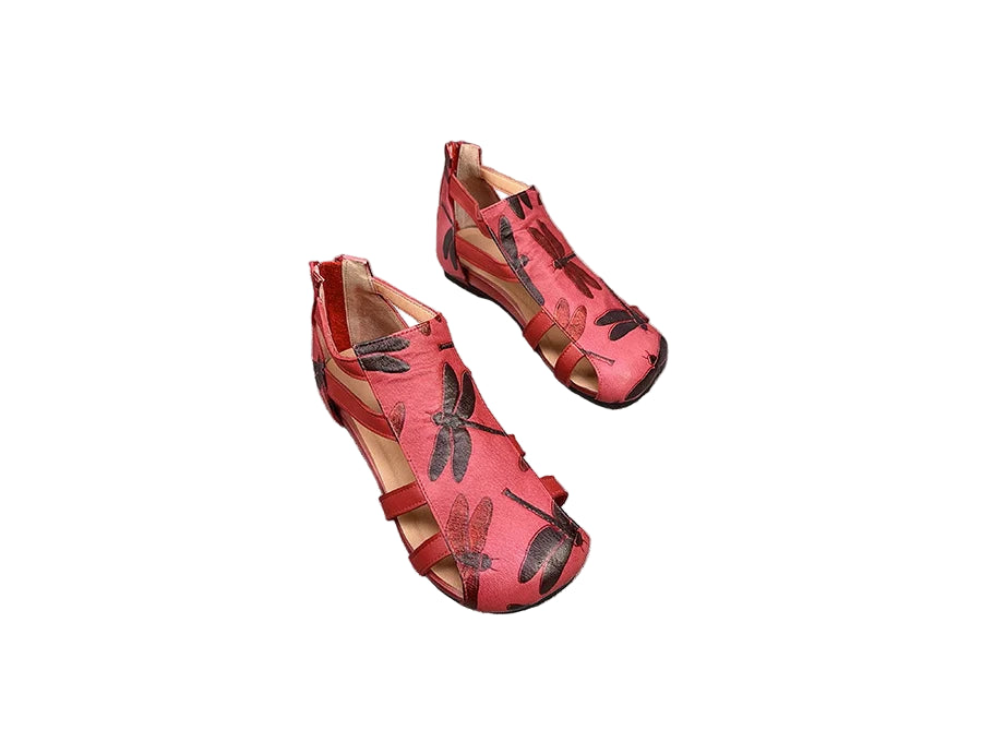 Retro Dragonfly Leather Sandals – Handmade Flats