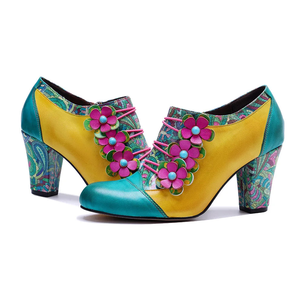 Colorful Flower Leather Heels – Boho Retro | Mint Crush