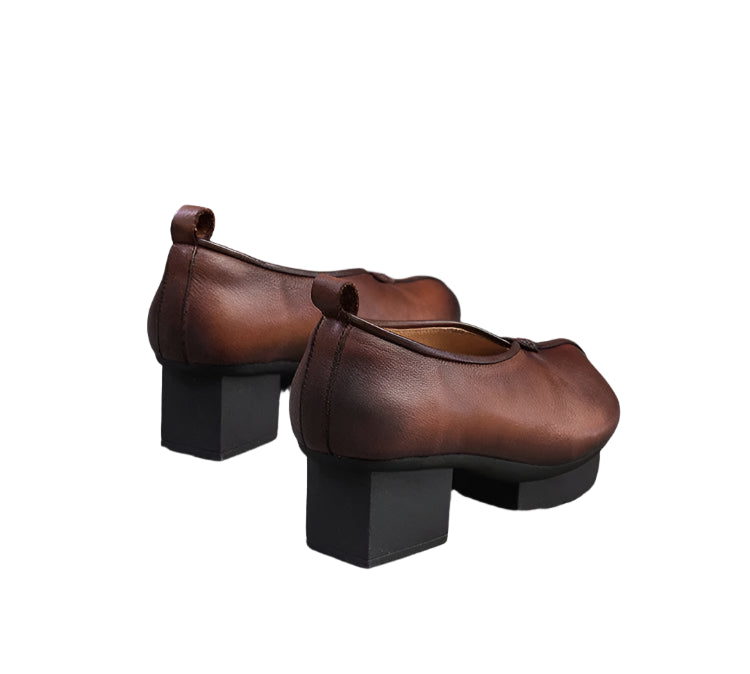 Retro Leather Ballerina Block Heels