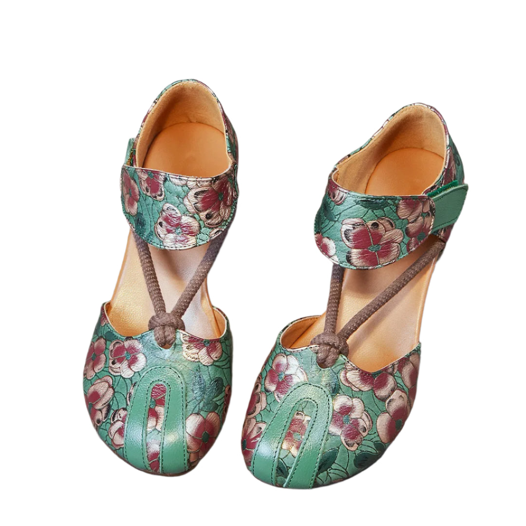 Retro Low Heel Leather Ballet Pumps – Handmade Comfort | Mint Crush