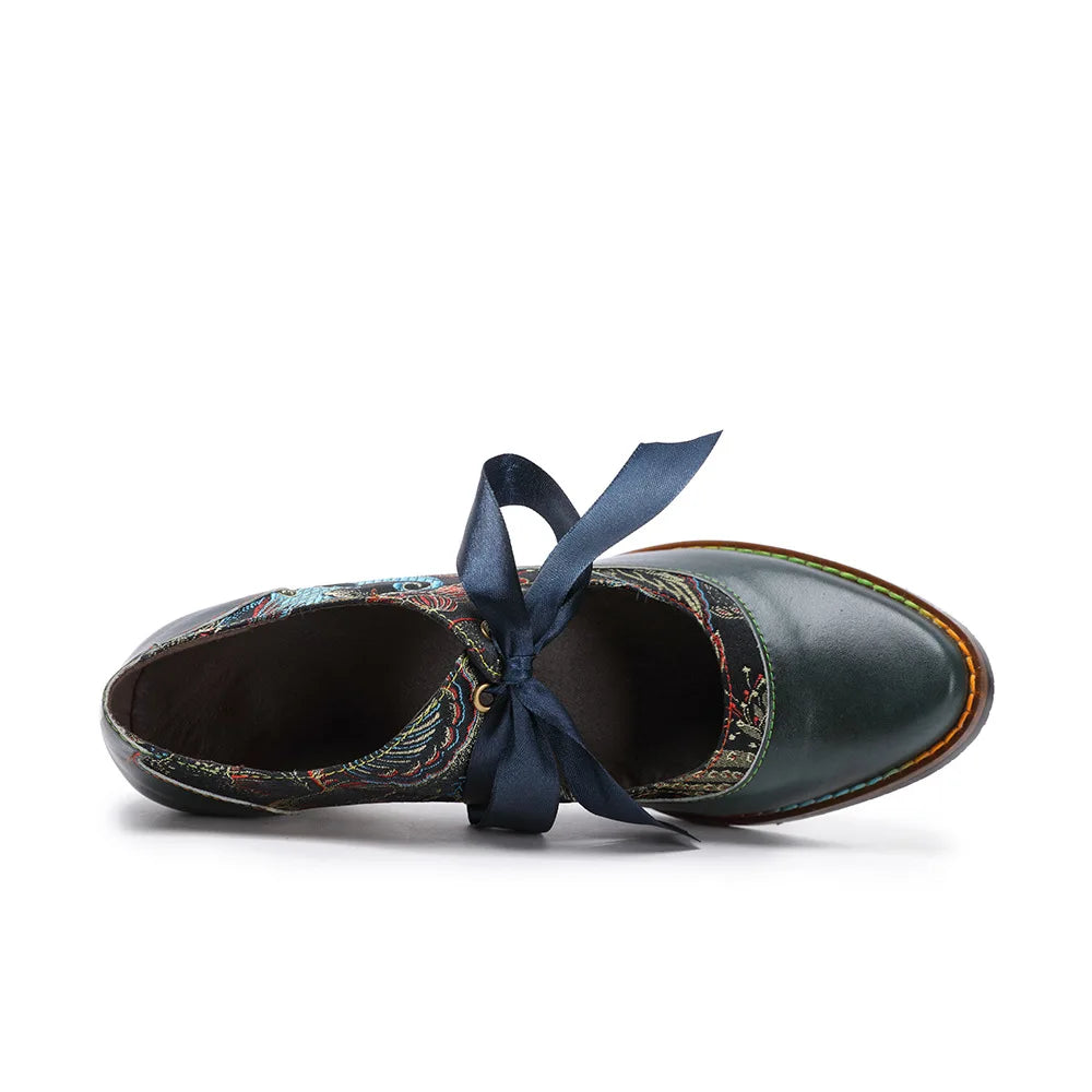 Leather T‑Strap Heels – Boho Retro Elegance | Mint Crush