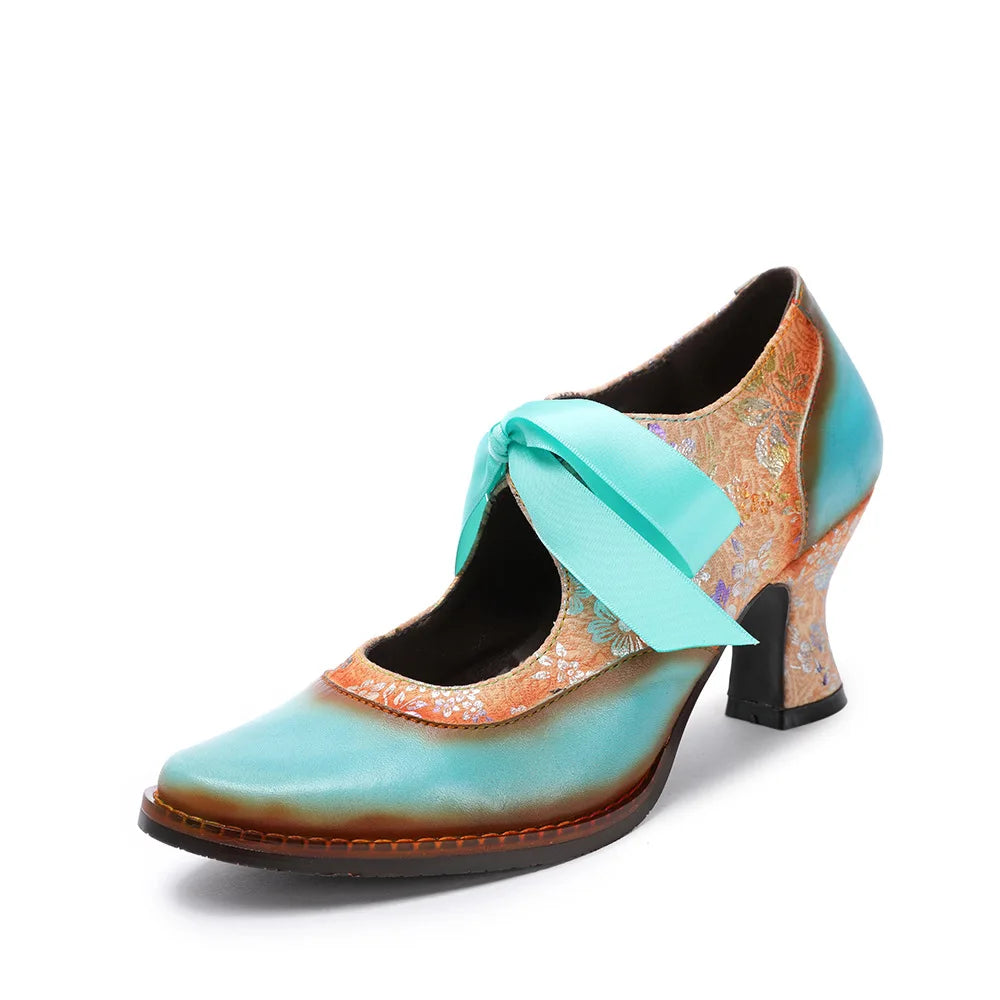 Leather T‑Strap Heels – Boho Retro Elegance | Mint Crush