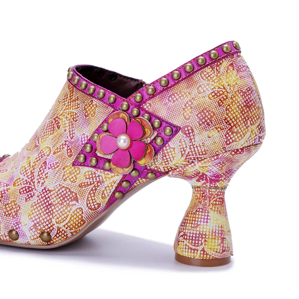Pink Leather Block Heels Handmade Retro Glam | Mint Crush