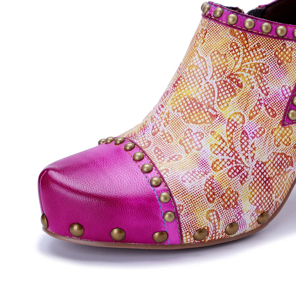 Pink Leather Block Heels Handmade Retro Glam | Mint Crush