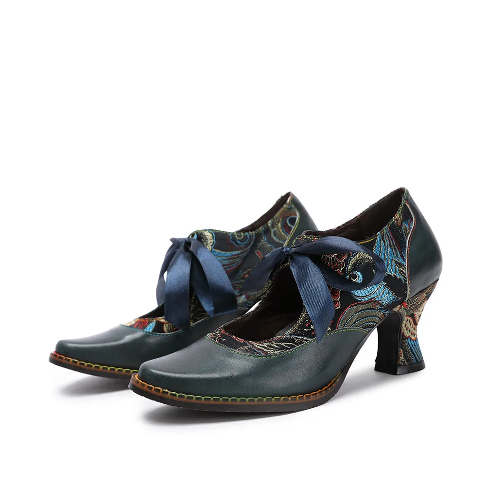 Leather T‑Strap Heels – Boho Retro Elegance | Mint Crush