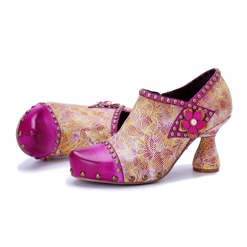Pink Leather Block Heels Handmade Retro Glam | Mint Crush