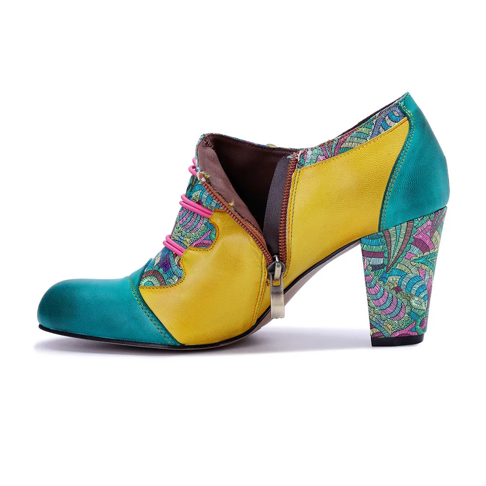 Colorful Flower Leather Heels – Boho Retro | Mint Crush