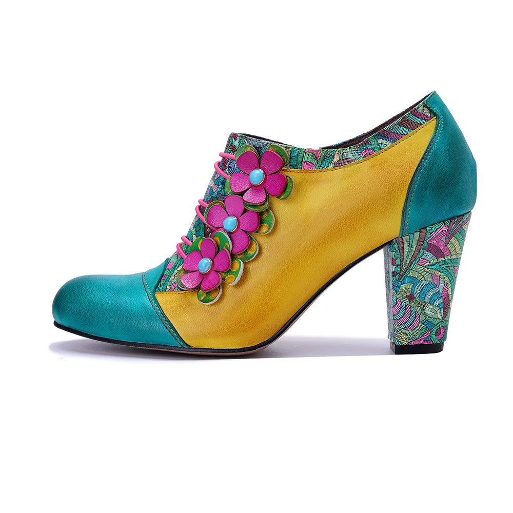 Colorful Flower Leather Heels – Boho Retro | Mint Crush