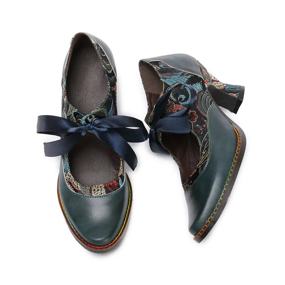 Leather T‑Strap Heels – Boho Retro Elegance | Mint Crush