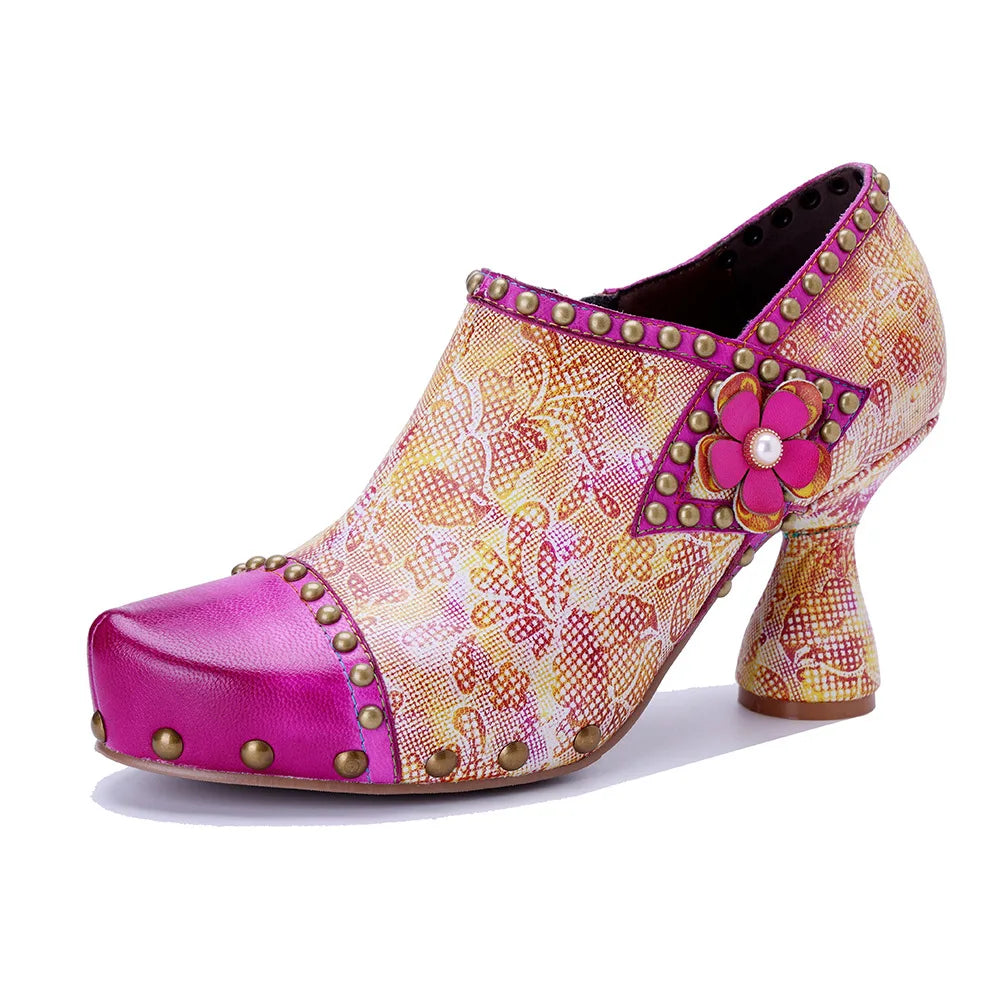 Pink Leather Block Heels Handmade Retro Glam | Mint Crush
