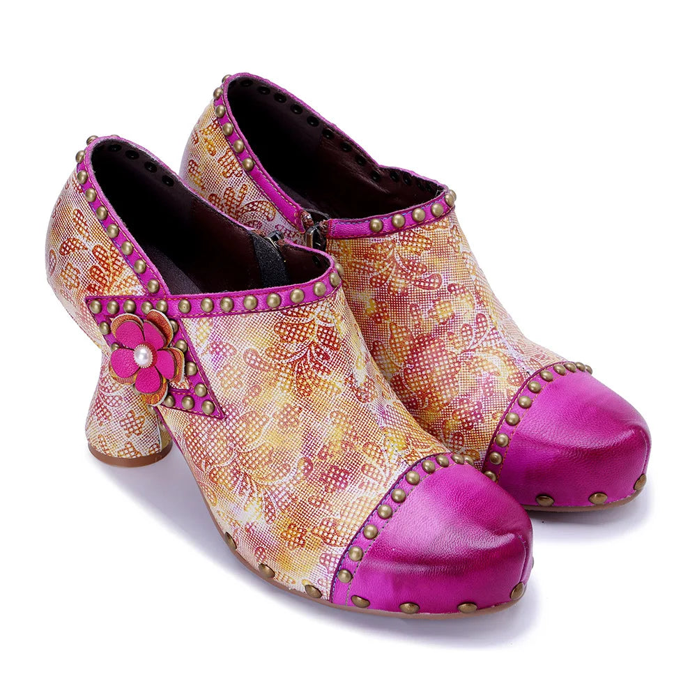 Pink Leather Block Heels Handmade Retro Glam | Mint Crush