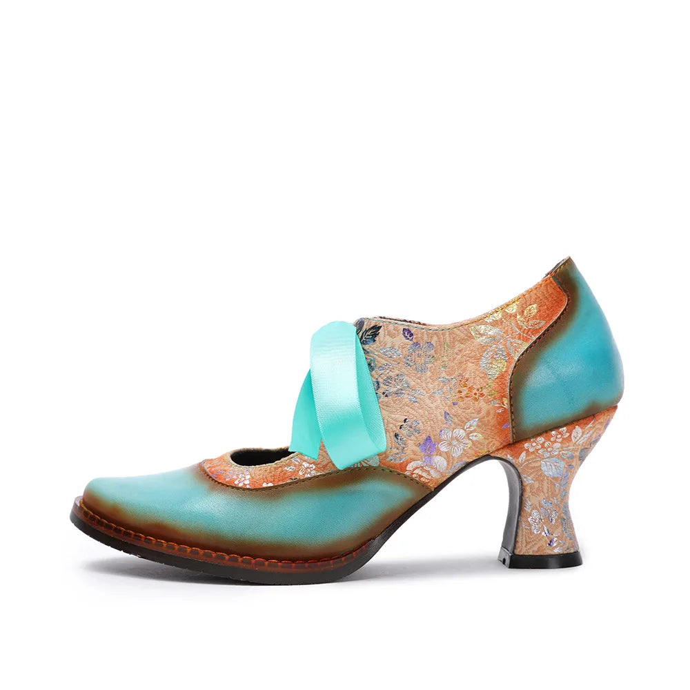 Leather T‑Strap Heels – Boho Retro Elegance | Mint Crush