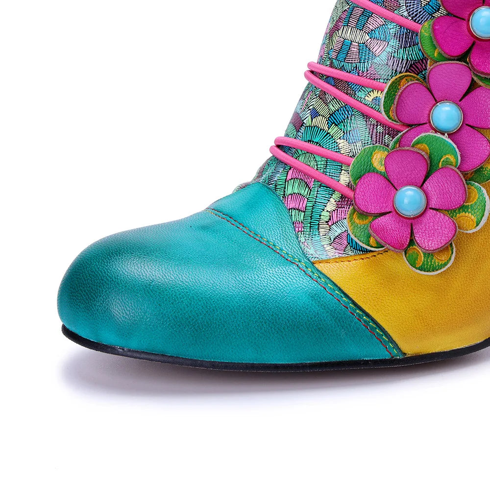 Colorful Flower Leather Heels – Boho Retro | Mint Crush