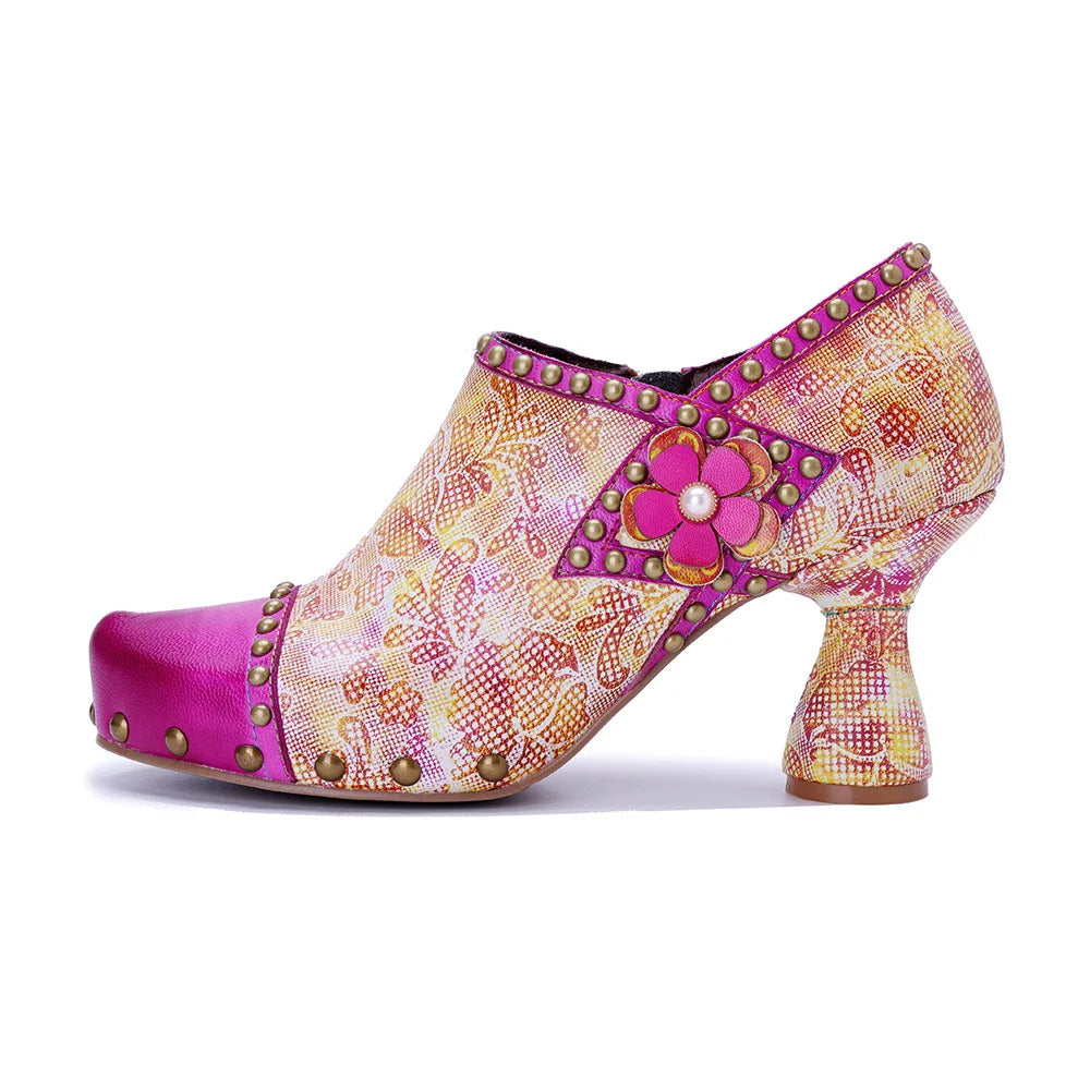 Pink Leather Block Heels Handmade Retro Glam | Mint Crush