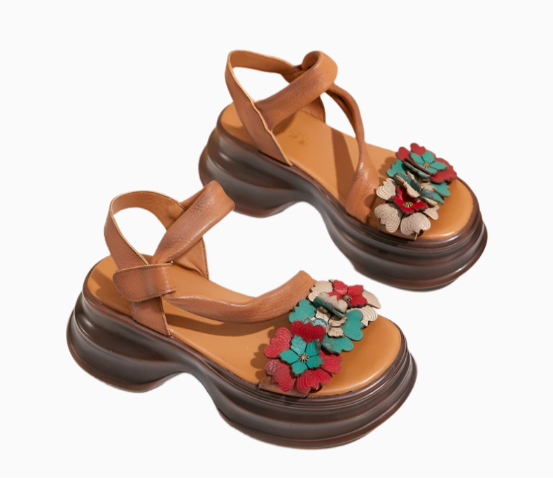 Vintage Petal Platform Sandals – Handmade Leather Retro Style | Mint Crush