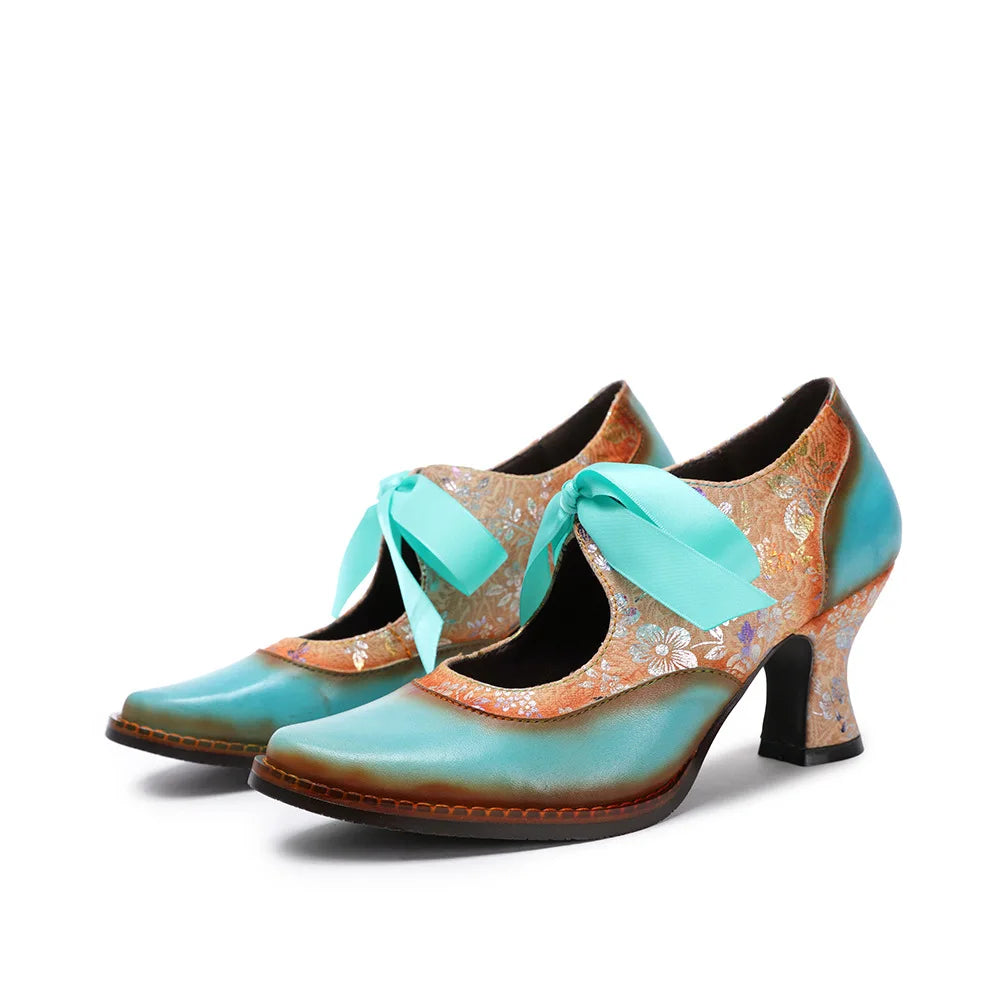 Leather T‑Strap Heels – Boho Retro Elegance | Mint Crush