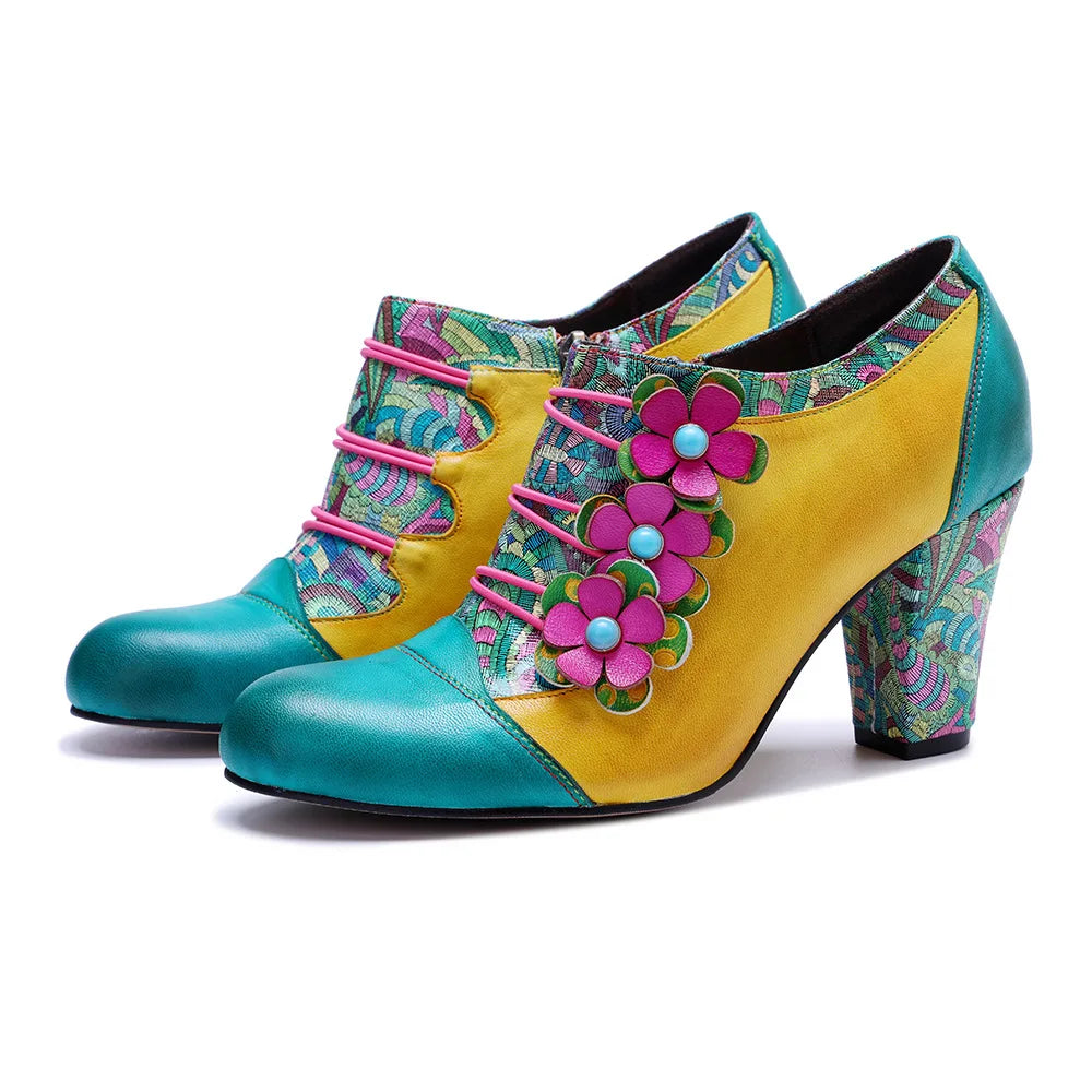 Colorful Flower Leather Heels – Boho Retro | Mint Crush
