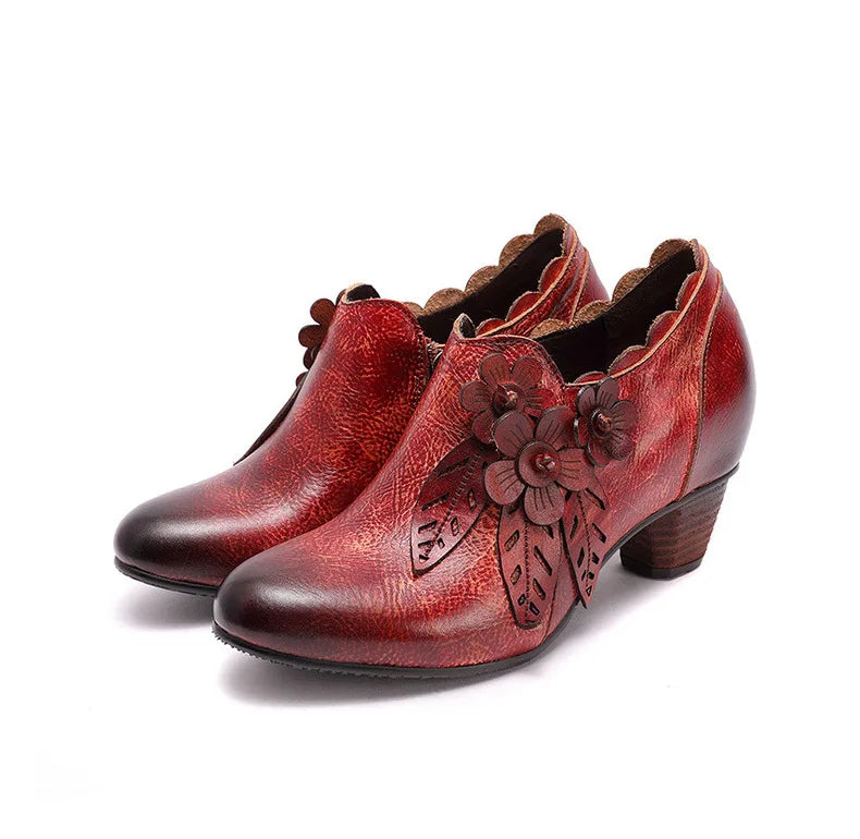 Vintage Blossom Leather Pumps – Retro Handmade Charm | Mint Crush
