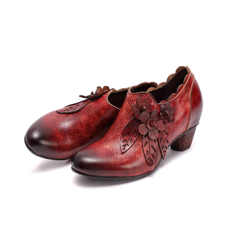 Vintage Blossom Leather Pumps – Retro Handmade Charm | Mint Crush