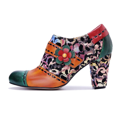 Vintage Bloom Block Heels – Retro Handmade Charm | Mint Crush