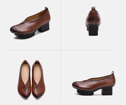 Retro Leather Ballerina Block Heels
