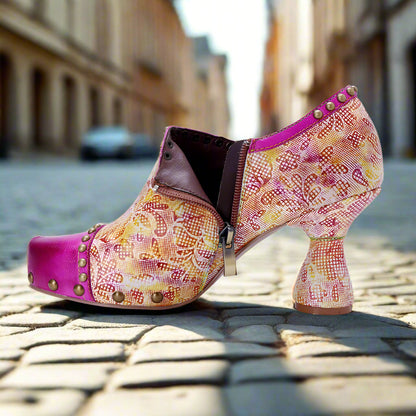 Pink Leather Block Heels Handmade Retro Glam | Mint Crush