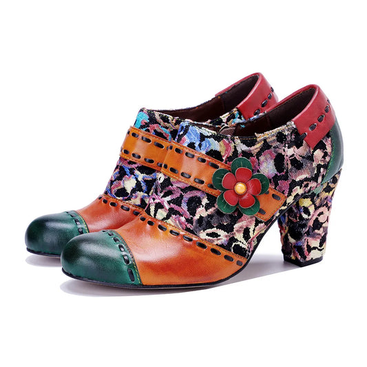 Vintage Bloom Block Heels – Retro Handmade Charm | Mint Crush