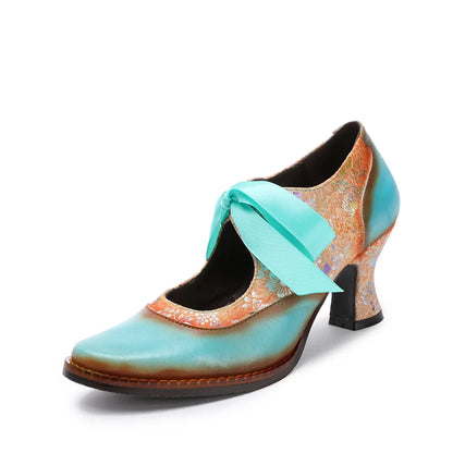 Leather T‑Strap Heels – Boho Retro Elegance | Mint Crush
