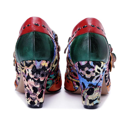 Vintage Bloom Block Heels – Retro Handmade Charm | Mint Crush