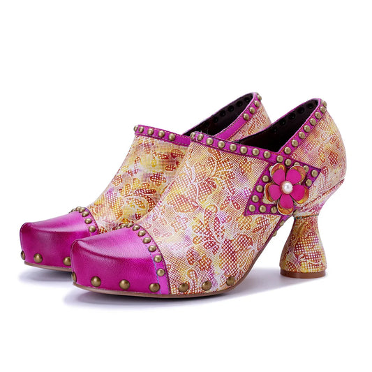 Pink Leather Block Heels Handmade Retro Glam | Mint Crush