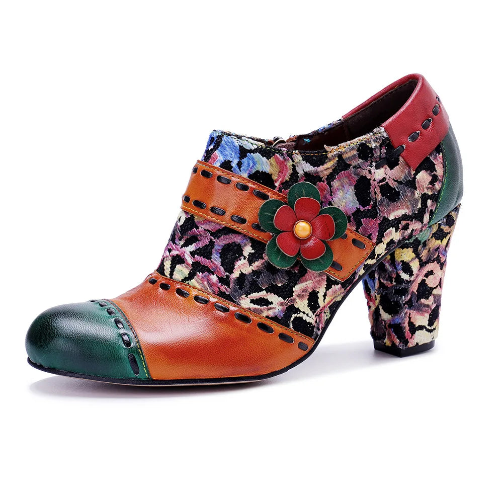 Vintage Bloom Block Heels – Retro Handmade Charm | Mint Crush