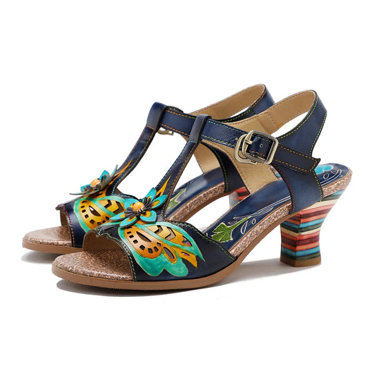 Vintage Colorblock Leather Sandals – Handmade Retro Heels | Mint Crush