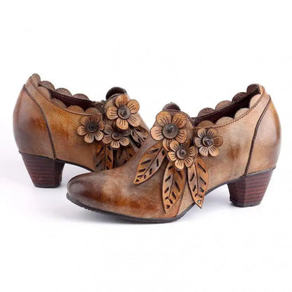 Vintage Blossom Leather Pumps – Retro Handmade Charm | Mint Crush