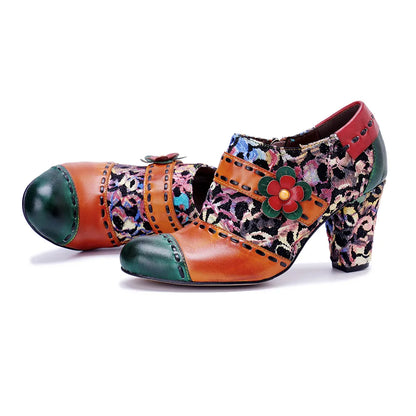 Vintage Bloom Block Heels – Retro Handmade Charm | Mint Crush