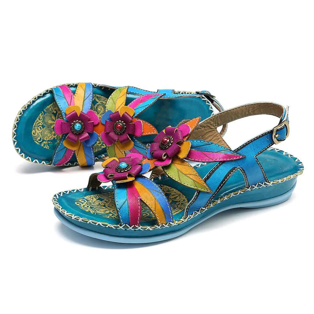 Vintage Flower Leather Sandals – Colorful Retro | Mint Crush