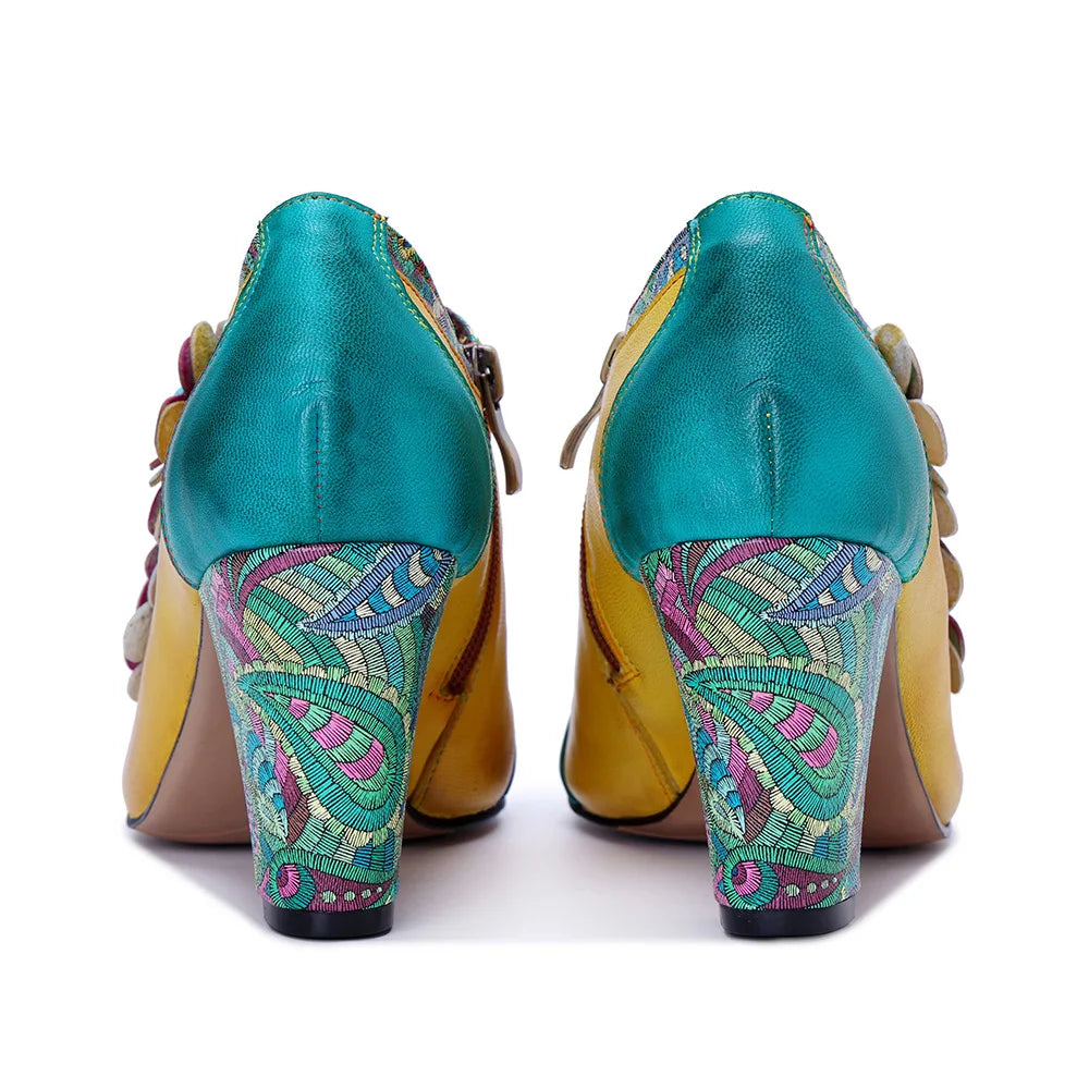 Colorful Flower Leather Heels – Boho Retro | Mint Crush