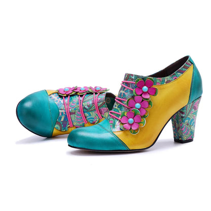 Colorful Flower Leather Heels – Boho Retro | Mint Crush