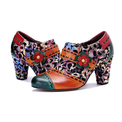 Vintage Bloom Block Heels – Retro Handmade Charm | Mint Crush
