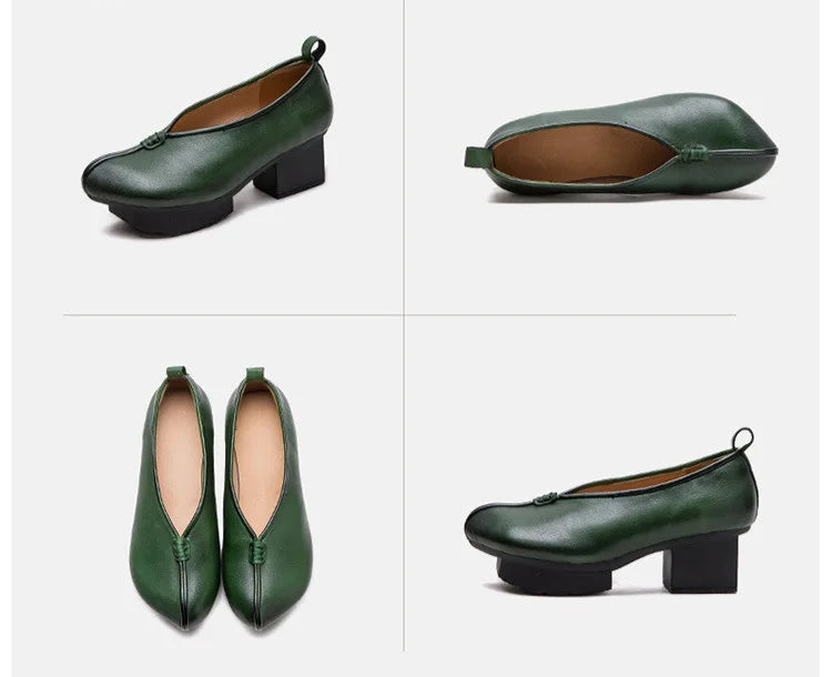 Retro Leather Ballerina Block Heels