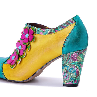 Colorful Flower Leather Heels – Boho Retro | Mint Crush