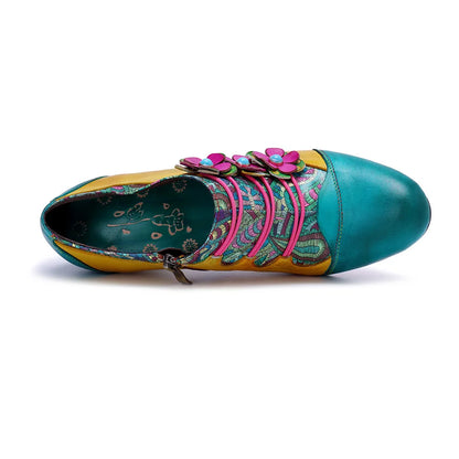 Colorful Flower Leather Heels – Boho Retro | Mint Crush