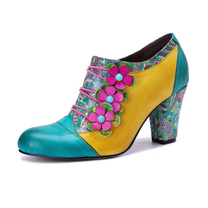 Colorful Flower Leather Heels – Boho Retro | Mint Crush