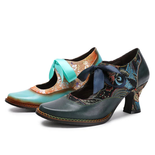 Leather T‑Strap Heels – Boho Retro Elegance | Mint Crush