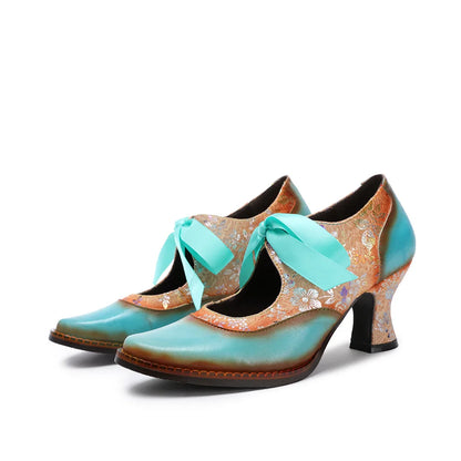 Leather T‑Strap Heels – Boho Retro Elegance | Mint Crush