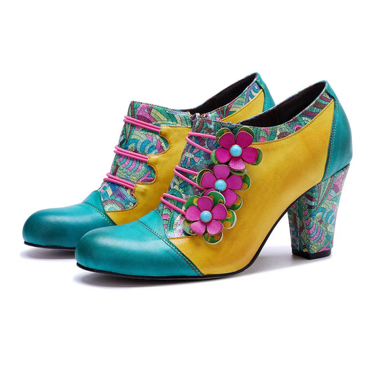 Colorful Flower Leather Heels – Boho Retro | Mint Crush